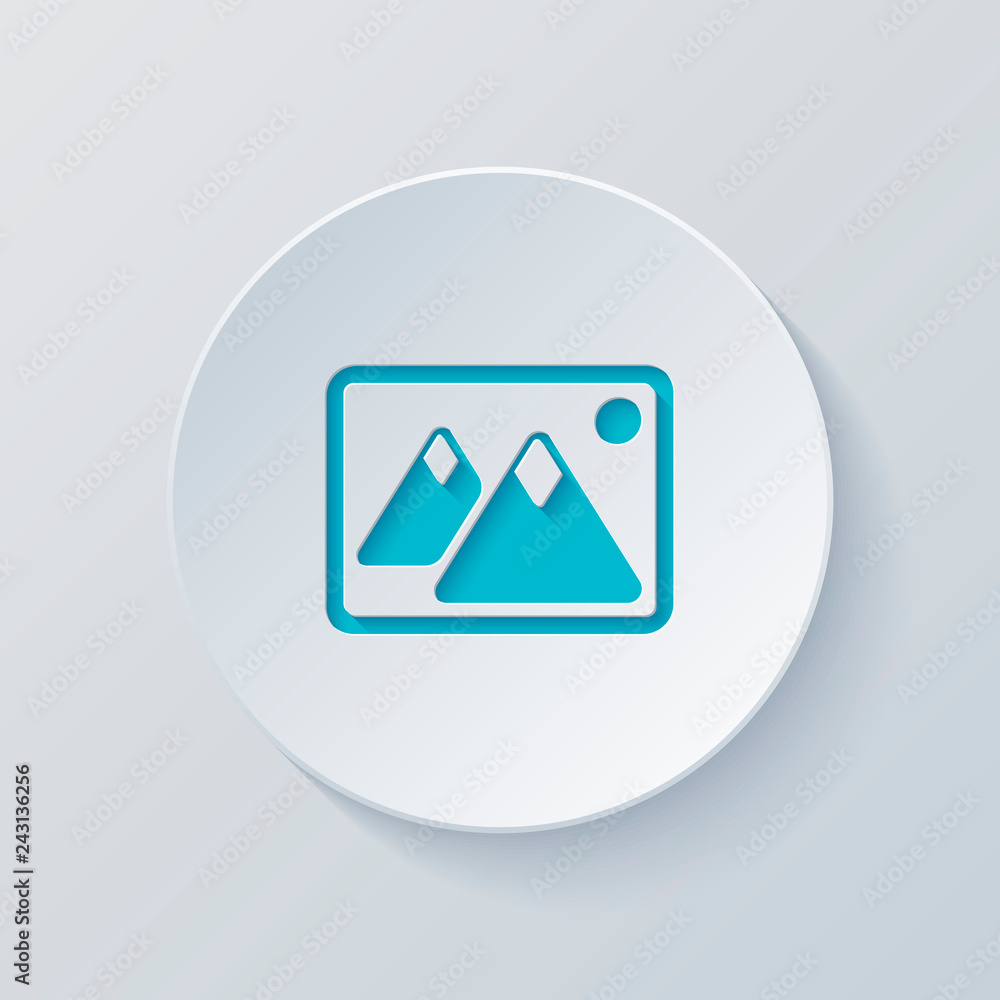 Picture with couple of mountains and sun. Simple icon. Cut circl Picture with couple of mountains and sun. Simple icon. Cut circl