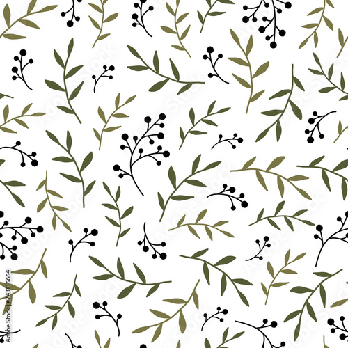 Floral Seamless pattern texture with black berries sprigs and leaves.