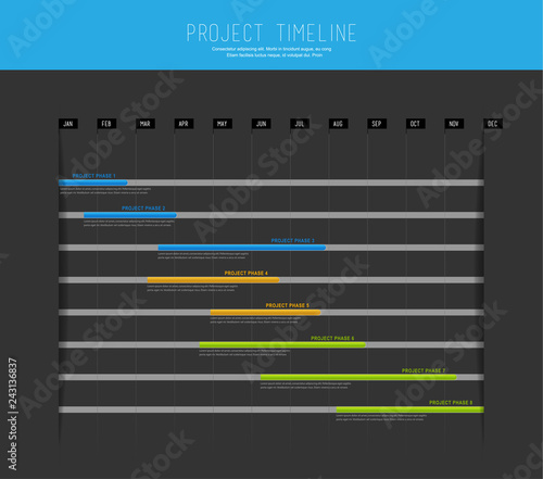 Project timeline graph vector illustration background with colorful bars showing the milestones of the overall project.