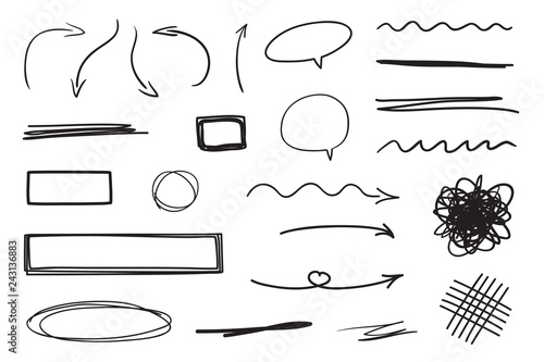 Hand drawn infographic elements on white. Abstract arrows. Line art. Set of different shapes. Black and white illustration. Doodles for artwork