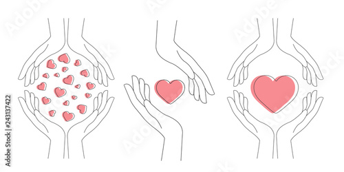 Hands and hearts. Charity. Romantic. A vector illustration that symbolizes kindness, positive and love.