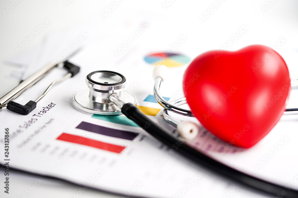 Stethoscope and US dollar banknotes on chart or graph paper, Financial, account, statistics and business data concept. Stethoscope and US dollar banknotes on chart or graph paper, Financial, account, statistics and business data concept.
