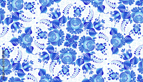 Blue painted flowers in Russian gzhel style vector floral vintage style seamless pattern tile