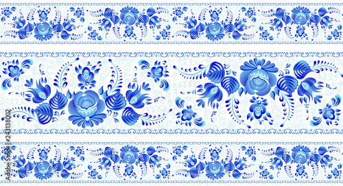 Blue painted flowers in Russian gzhel style vector seamless lines patterns borders set on white background