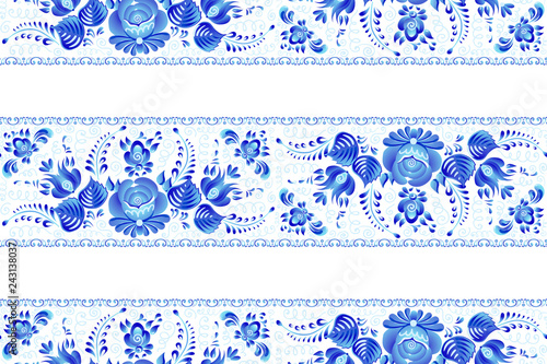 Blue painted flowers in Russian gzhel style vector seamless lines pattern tile with white background