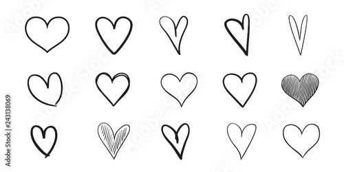 Hand drawn grunge hearts on isolated white background. Set of love signs. Unique image for design. Black and white illustration. Elements for design