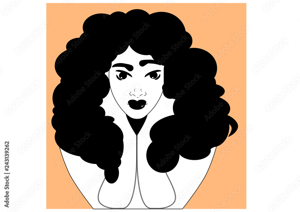 Curly hair girl holding head on her two hands and looking at you portrait illustration Curly hair girl holding head on her two hands and looking at you portrait illustration