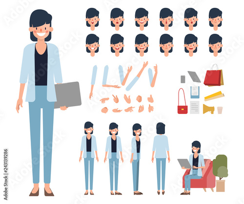Businesswoman character creation design. Animation character office woman employee.  Face Emotions, Expressions. Cartoon Illustration