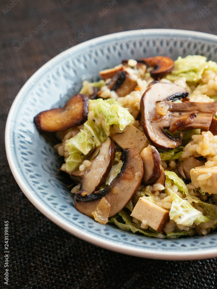 Bowl with a home made mushroom savoy cabbage risotto with tofu. Bowl with a home made mushroom savoy cabbage risotto with tofu.