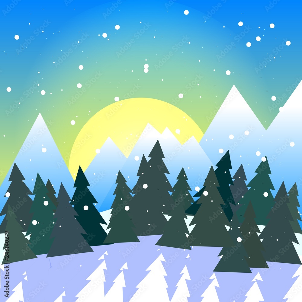 Square vector illustration of snowy forest valley with mountains Square vector illustration of snowy forest valley with mountains