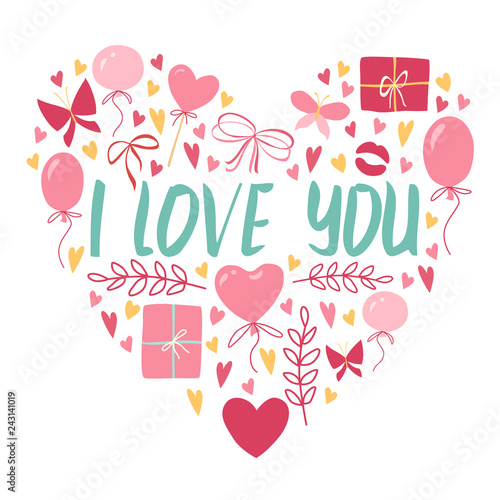 Valentines day card with lettering I Love You and heart shape made of objects, vector illustration flat, pink and gold. Hearts, bow, gifts, butterfly, heart shape balloon and herbs. photo