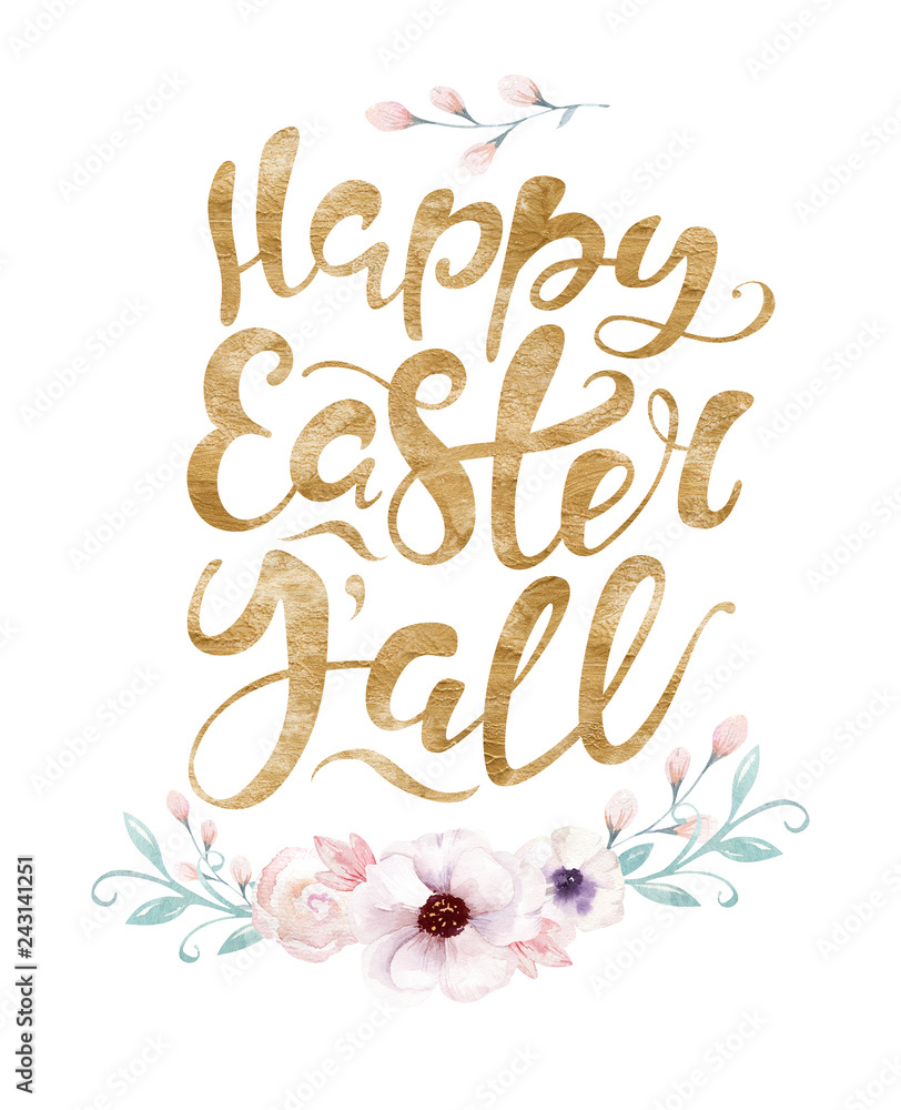 Hand sketched Happy Easter bunny typography lettering overlay poster with watercolor element. Modern calligraphy. Colorful sign bunnies egg isolated on white background.