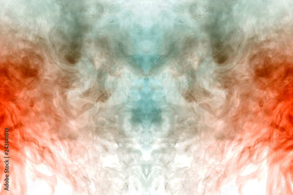 Abstract pattern of colored smoke backlit green and red in the shape of a mystical-looking bird or a ghost-head on a white isolated background. Soul and inner state of thoughts. Abstract pattern of colored smoke backlit green and red in the shape of a mystical-looking bird or a ghost-head on a white isolated background. Soul and inner state of thoughts.