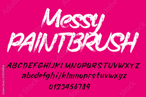 Messy paintbrush alphabet font. Uppercase and lowercase handwritten letters and numbers. Stock vector typescript.