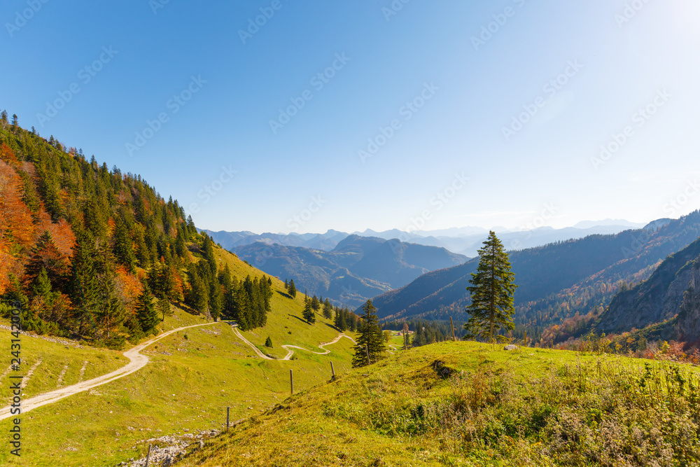 panorama view from ascent to Mountain Geigelstein, Schleching, Bavaria panorama view from ascent to Mountain Geigelstein, Schleching, Bavaria