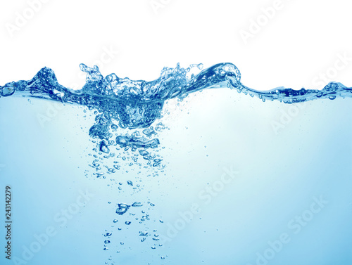 pure blue water with air bubbles and splash on white background