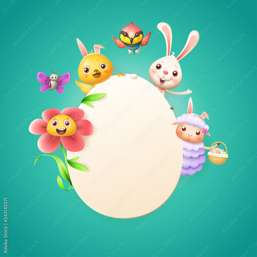 Easter card template - Easter bunny, chicken, flower, sheep bee-eater bird and butterfly celebrate Easter around egg - turqouise background Easter card template - Easter bunny, chicken, flower, sheep bee-eater bird and butterfly celebrate Easter around egg - turqouise background