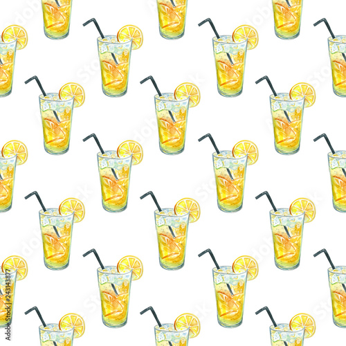 pattern with lemonade. Image of a drink. Watercolor hand drawn illustration