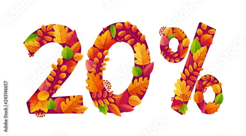 Vector autumn sale 20 percents off discount with orange fall leaves in number shapes