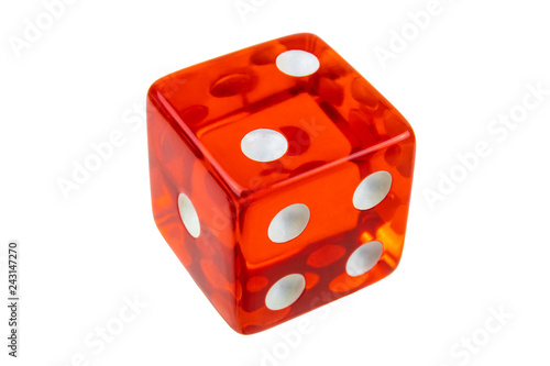 Red glass game dice closeup isolated on white. One, two, four.