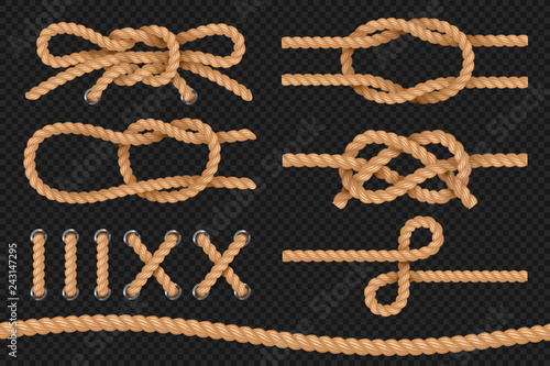 Marine ropes. Cord twisted texture, nautical ropes borders, cordage bowknot. Vector isolated set