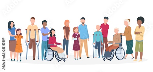 Handicapped people. People with disabilities happy friendly family. Disable injury persons with assistants. Vector characters photo
