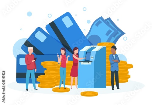 Atm business concept. Customers with credit card withdrawal money standing in line at bank atm landing vector page