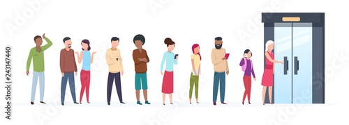 Open door queue. Trending people characters standing outside young adult customer line group stylish clothes. Flat vector illustration