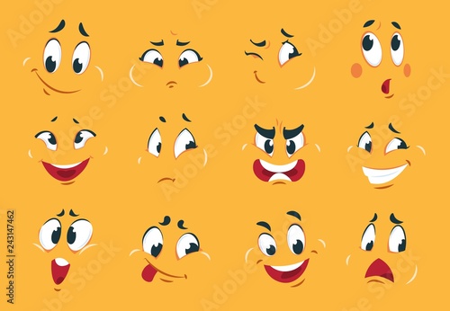 Funny cartoon faces. Angry character expressions eyes doodle crazy mouth fun sketch weird comic. Vector cartoons expression
