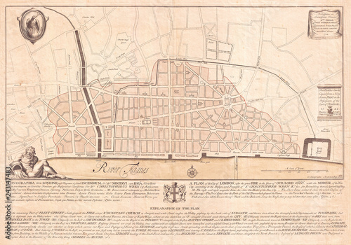 Billede på lærred Old Map of London, England 1744, Wren