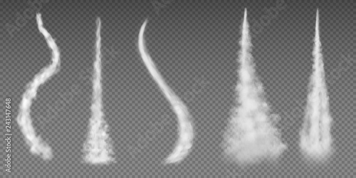 Airplane condensation trails. Plane smoke rocket stream effect airplane jet cloud flight speed burst. Vector aircraft condensation line