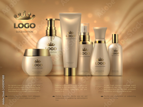Realistic luxury cosmetic background. Skin care product golden makeup cream woman face care glossy ad. Vector cosmetic bottle template