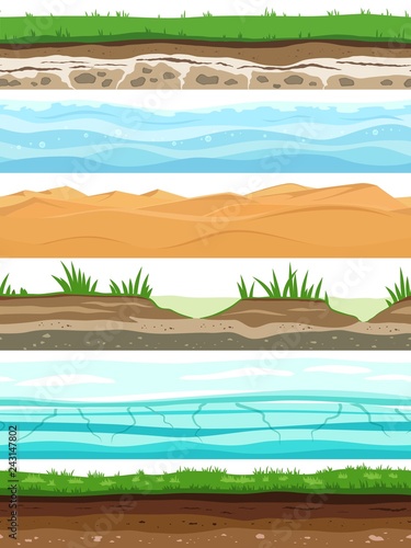Soil layers. Campo ground surface land grass dried desert sand water. Ground levels seamless vector set