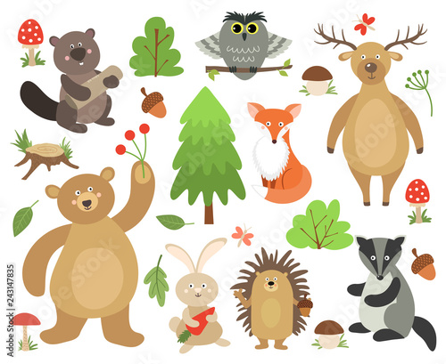 Cute woodland animals. Beaver fox deer owl bear hare hedgehog badger. Cartoon forest animal vector collection