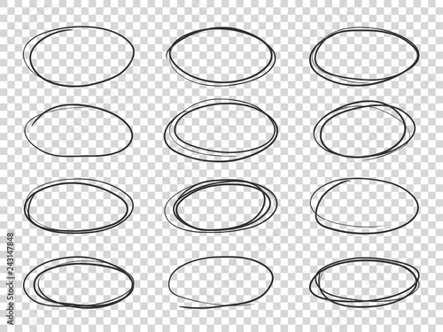 Doodle circles. Hand drawn ellipse, circular highlights old pencil sketch vector isolated set