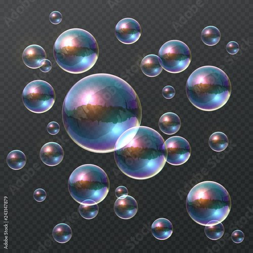 Transparent soap bubble. Realistic colorful 3D bubbles, rainbow clear shampoo ball with color reflection. Vector design template