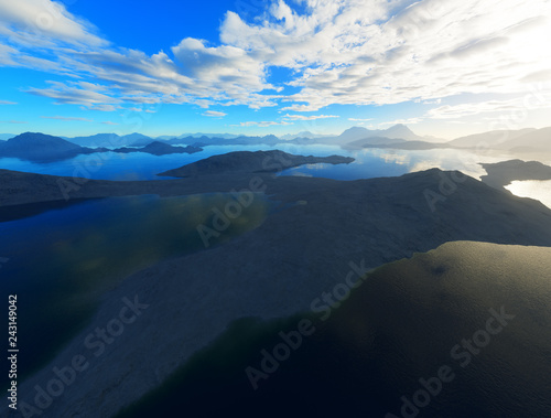 Dramatic ocean gulf among mountains 3d rendering background