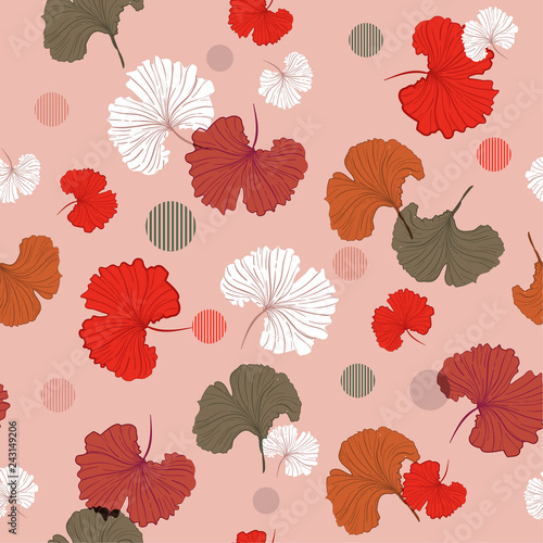 Trendy monotone in pink and red Blowing Gingko leaves seamless pattern vector in hand drawn style mix with circle stripe,