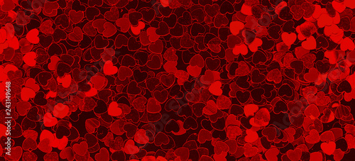 Scarlet shiny background with hearts, panoramic view. Luxury Valentine day,  in Love concept. Red hearts