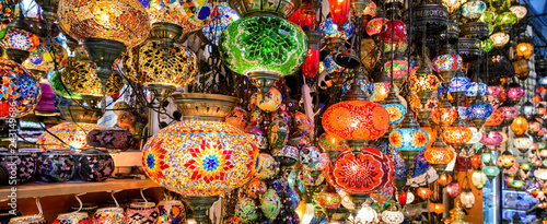 Beautiful colorful lamps in Grand Bazaar, Istanbul, Turkey photo