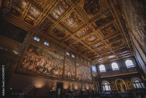Italy, Florence - July 30, 2018: Salone dei Cinquecento in Palazzo Vecchio.