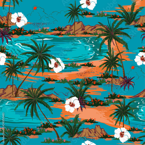 Retro summer hawaii  seamless island pattern vector. Landscape with palm trees beach and ocean vector hand drawn style