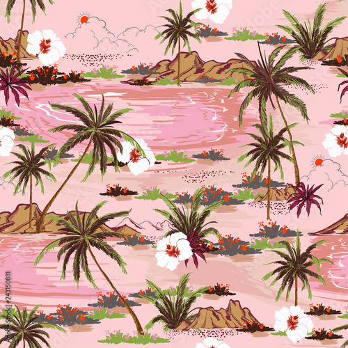 Beautiful sweet seamless island pattern vector. Landscape with palm trees,beach and ocean vector hand drawn style