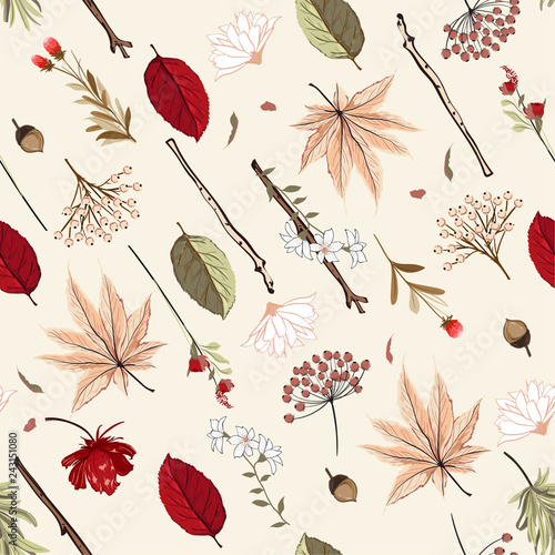 Diagonal seamless pattern vector Autumn hand drawn elements motive,leaves,flowers,nuts,branch,for fashion fabric and all prints on sweet mode soft and gentle photo