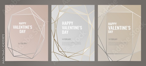 Valentines Day poster Luxury template with gold frame. Invitation template. Geometric shape.