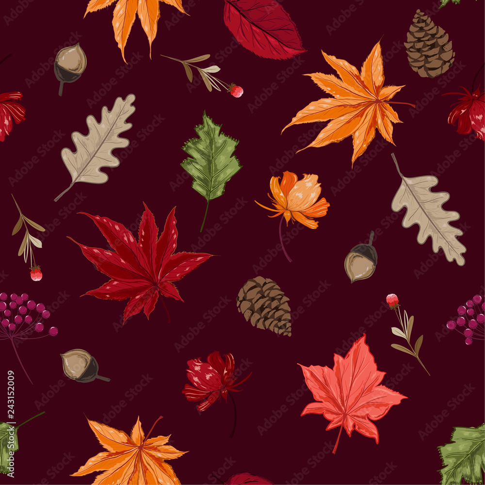 Scatter seamless pattern vector Autumn elememts ,leaves,flower,pine nut,in hand drawn style for fashion fabric and all prints