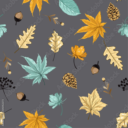 Trendy scatter seamless pattern vector Autumn elememts ,leaves,flower,pine nut,in hand drawn style for fashion fabric and all prints photo