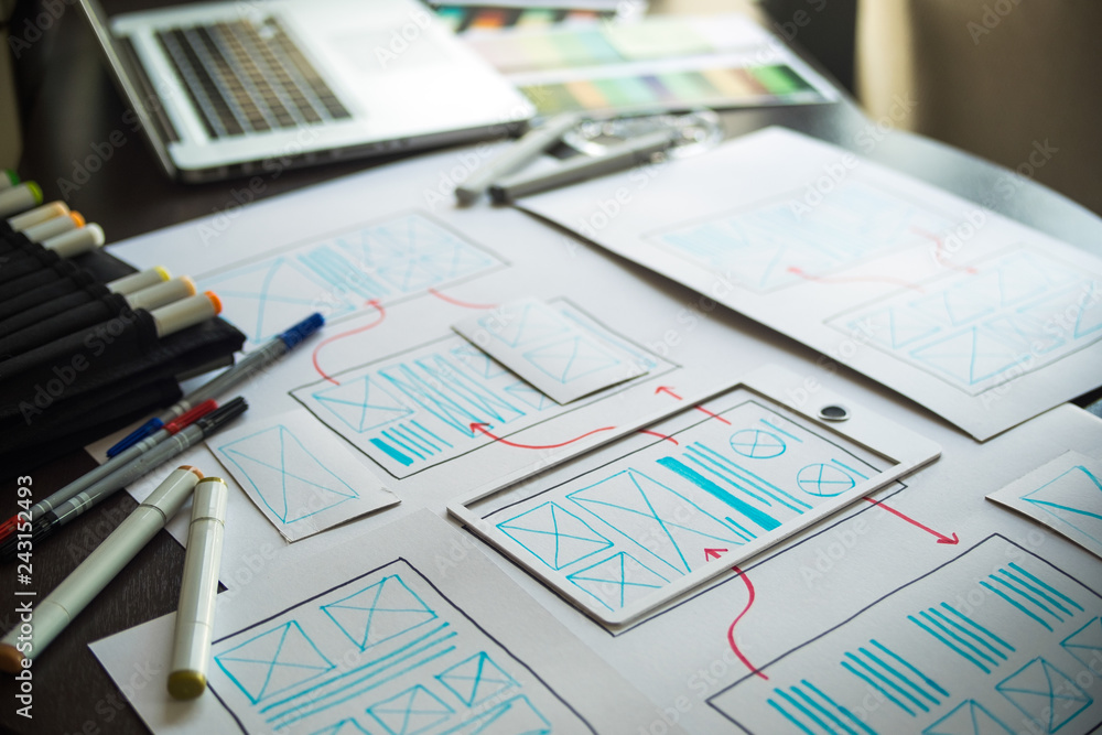 © Chaosamran_Studio - ux Graphic designer creative  sketch planning application process development prototype wireframe for web mobile phone . User experience concept. © Chaosamran_Studio - ux Graphic designer creative  sketch planning application process development prototype wireframe for web mobile phone . User experience concept.