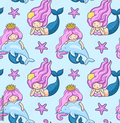 Seamless pattern with mermaid and dolphins on a blue background.