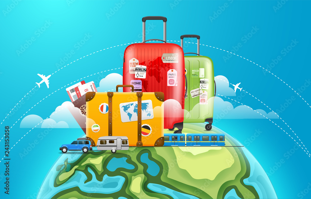 Travel baggage on the Earth. World adventure concept. Vector illustration